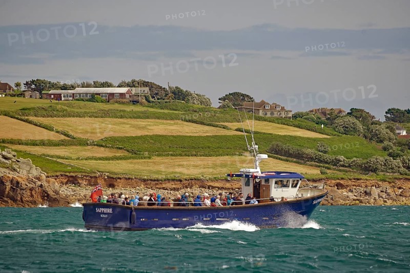 Blue passenger liner sails along a green coastline, Land's End, Cornwall, Great Britain
