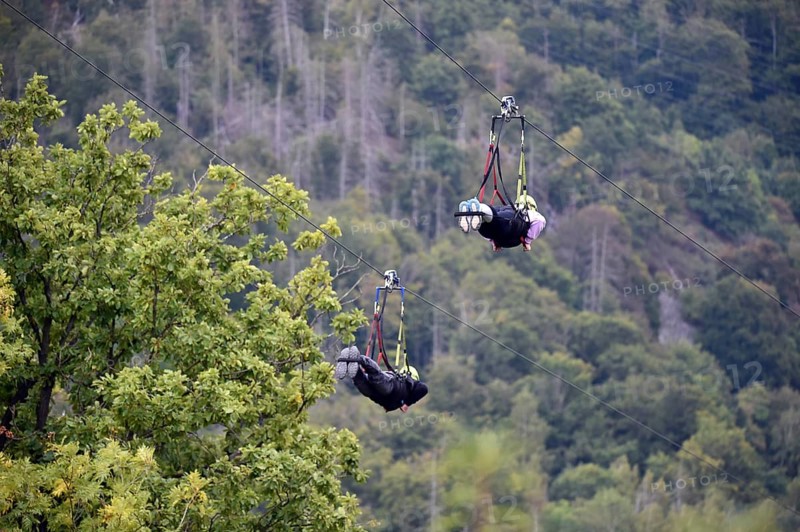 Megazipline cable car in the Harz Mountains across the Rappbode Reservoir, Saxony-Anhalt, Germany