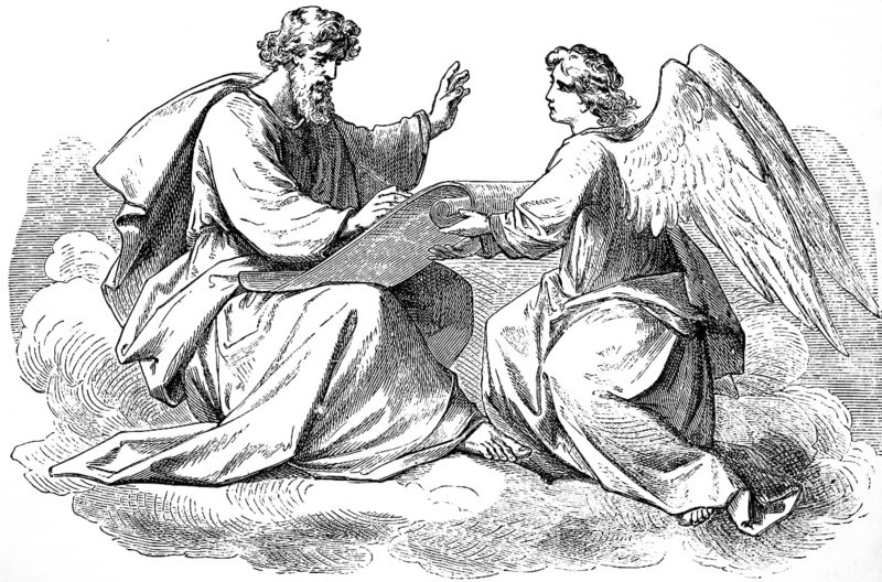 Introductory picture to the Gospel of Matthew, chapter 1, God, angel, scroll, pen, writing, New Testament, Bible, historical illustration 1877