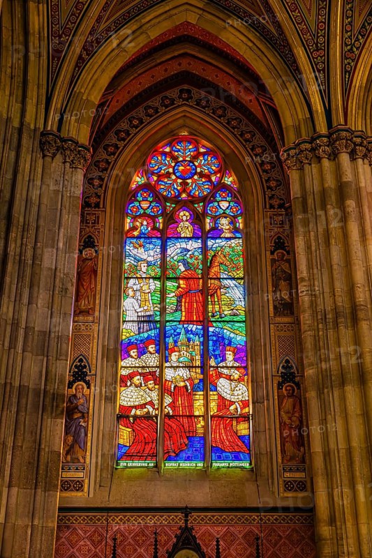 Colourful window in the neo-gothic votive church, Vienna, Austria