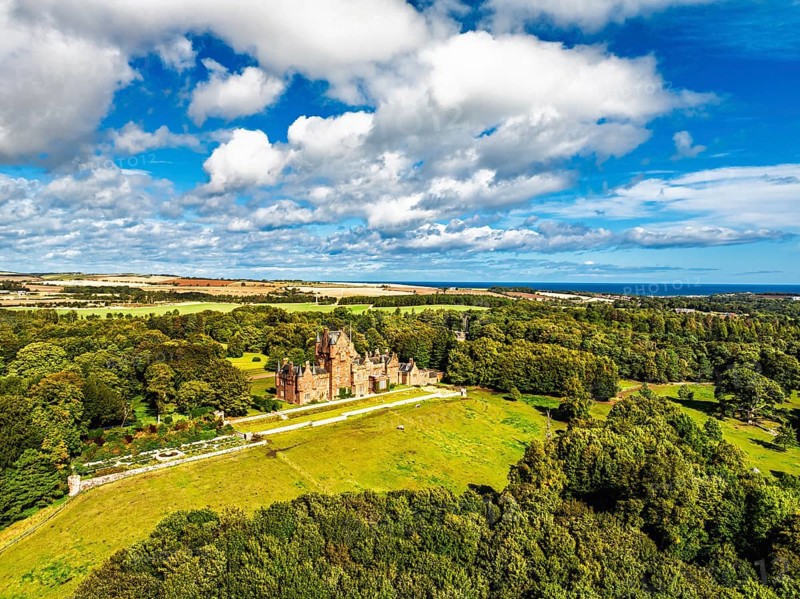 Ayton Castle from a drone, Ayton, Eyemouth, Scottish Borders, Scotland, UK