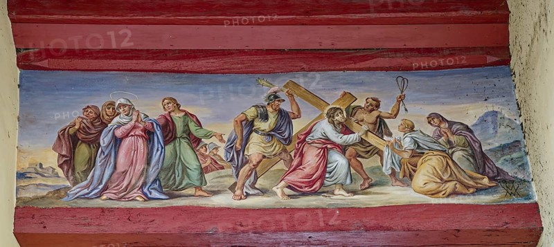 Fresco carrying the cross, Kalkweiler Gate, city gate with tower, built in the early 14th century, Rottenburg am Neckar, Baden-Württemberg, Germany