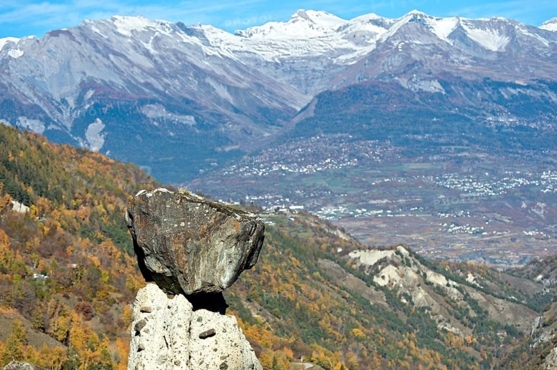 Boulders as the top of an earth pyramid from Euseigne, Heremence, Eringertal, Val d'Hérens, Valais, Switzerland