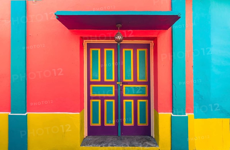 Colorful colonial architecture of historic center of Flores, Guatemala