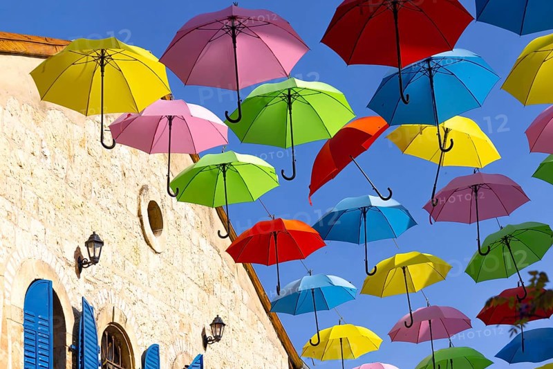 Jerusalem, Israel, Nahalat Shiva tourist promenade and colorful umbrella street of Old City