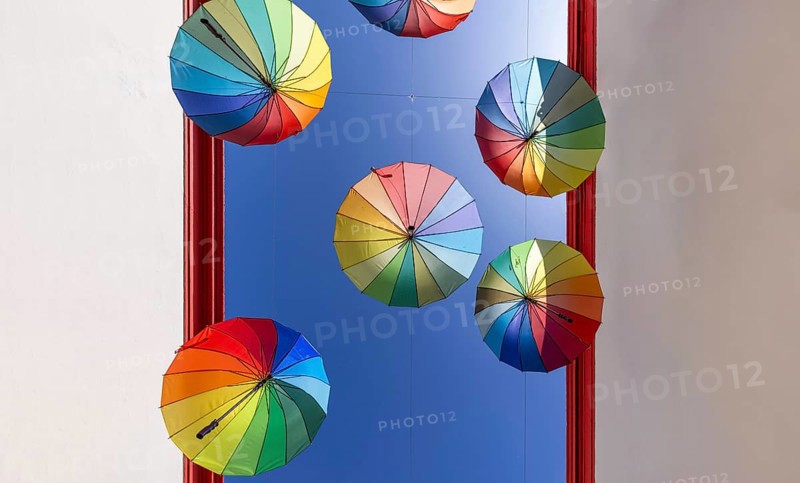 Argentina, Buenos Aires, Colourful Umbrella street in San Telmo district known for its boutiques, restaurants and shopping