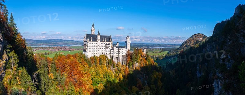 Neuschwanstein Castle towers over colorful forests in a vast landscape with blue skies, Schwangau, Königswinkel, Ostallgäu, Allgäu, Swabia, Bavaria, Germany
