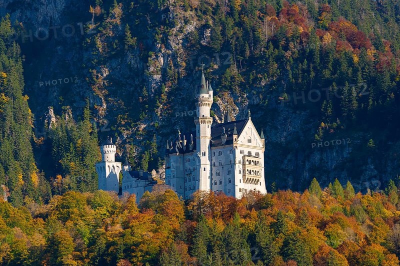 The impressive Neuschwanstein Castle in front of the colorful autumn forest and rock landscape of the Alps, Schwangau, Königswinkel, Ostallgäu, Allgäu, Swabia, Bavaria, Germany