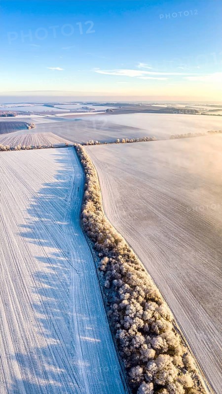 Bird Eye Perspective of Frost Covered Farmland. Seasonal Agricultural Scenery, winter and autumn scene, blue sky with golden light at sunrise, AI generated