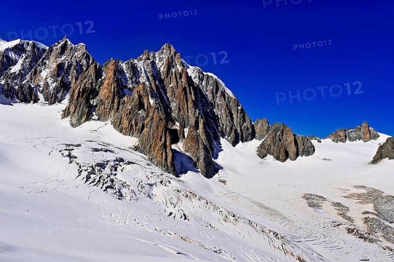 View from the Télécabine Panorama Railway of the Mont Blanc du Tacul mountain station, the Aiguille du Midi mountain station in the foreground, the glacier du Géant, Chamonix-Mont-Blanc, Haute-Savoie, France