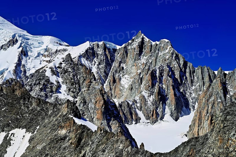 From the left, the mountains, Mont Blanc, Mont Maudit, Pointe Helbronner viewing terrace, Chamonix-Mont-Blanc, Haute-Savoie, watershed Italy, France