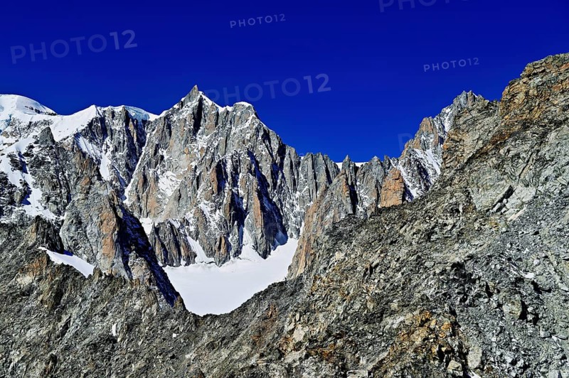 From left, the Mont Blanc mountains, Mont Maudit, Pointe Helbronner viewing terrace, Chamonix-Mont-Blanc, Haute-Savoie, watershed Italy, France