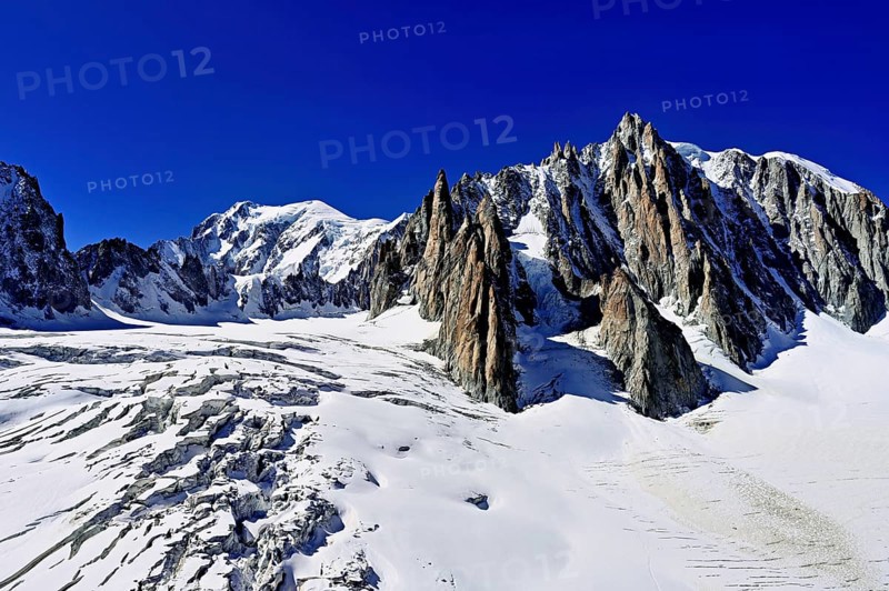 View of the mountains from the Télécabine Panorama Railway, La Tour Ronde, Mont Blanc, Le Mont Blanc du Tacul, in the foreground the glacier du Géant, Chamonix-Mont-Blanc, Haute-Savoie, France