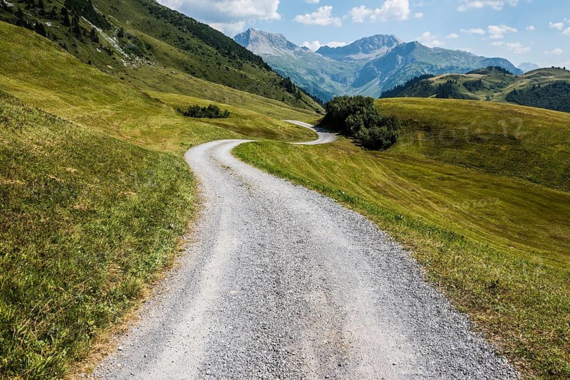 Mountain landscape and winding road, Auenfeldalpe, Warth, Bregenzerwald, Vorarlberg, Alps, Austria