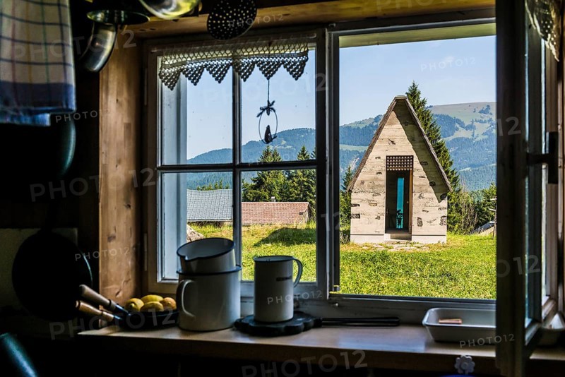 Ancient alpine hut and modern chapel, Alm Enge, Hirschau, Kanisfluh, Bregenzerwald, Vorarlberg, Alps, Austria