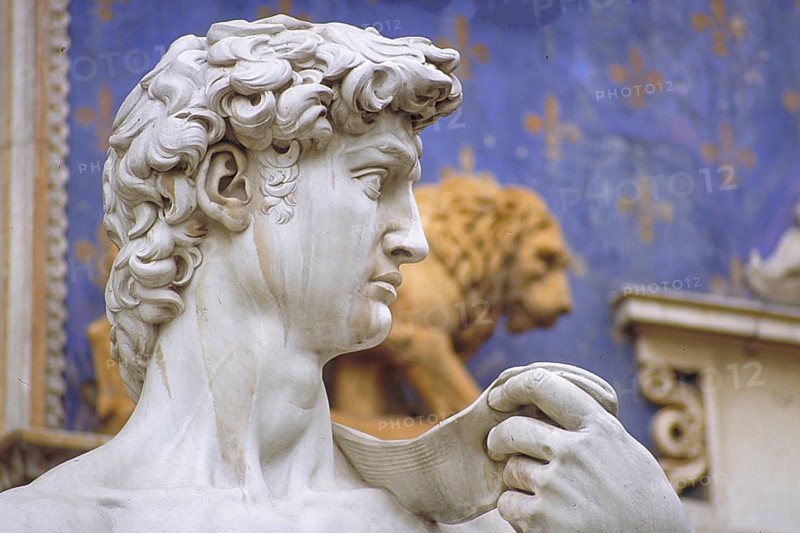 Copy of the David sculpture, detail, original is by the artist Michelangelo Buonarroti, Piazza della Signoria, Florence, Italy