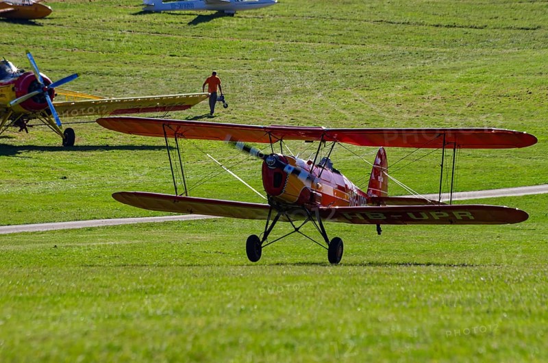 A Stampe-Vertongen SV-4A double-decker registered with HB-UPR during a flight demonstration as part of an air show on Rossfeld in Metzingen-Glems, Baden-Württemberg, Germany, for editorial use only