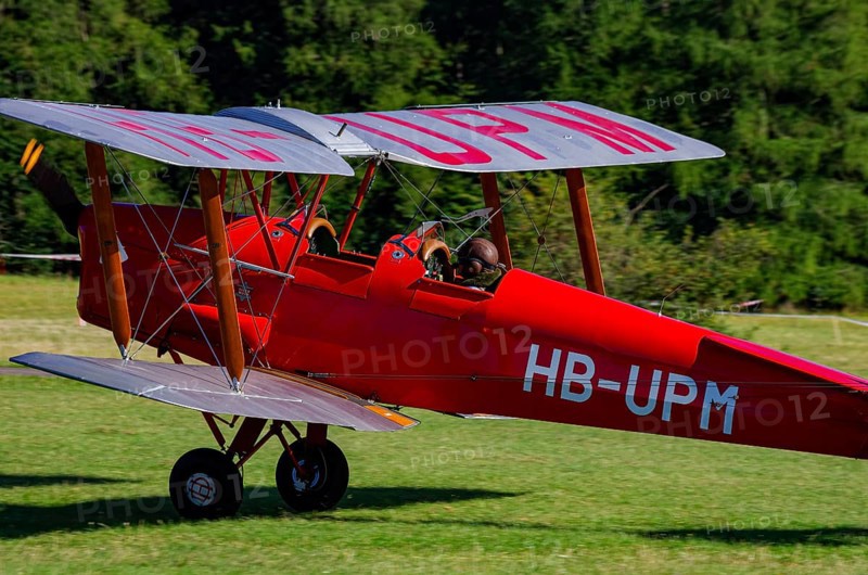 A De Havilland DH.82 Tiger Moth with the registration HB-UPM during a flight demonstration as part of an air show on Rossfeld in Metzingen-Glems, Baden-Württemberg, Germany, for editorial use only