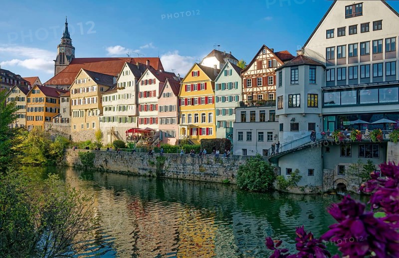 Historic houses on the Neckar front, the Neckar river, water reflection, old town of Tübingen, Baden-Württemberg, Germany