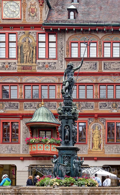 Market square with town hall and Neptune fountain with Neptune and trident from the Renaissance, Tübingen, Baden-Württemberg, Germany