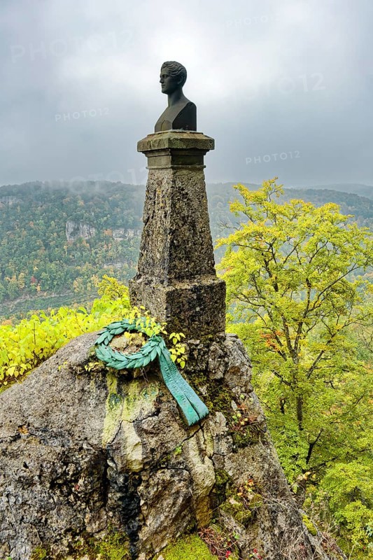 Wilhelm Hauff Memorial, memorial stone for Wilhelm Hauff, Romantic writer and fairy tale poet, Lichtenstein Castle, also known as Württemberg's fairytale castle, built in the style of historicism, Lichtenstein, Swabian Jura, Baden-Württemberg, Germany