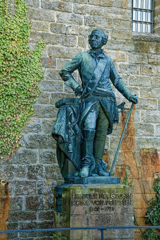 Bronze statue of Frederick II the Great. King of Prussia, Hohenzollern Castle, ancestral home of the House of Hohenzollern, noble family, German emperors, Bisingen, Baden-Württemberg, Germany