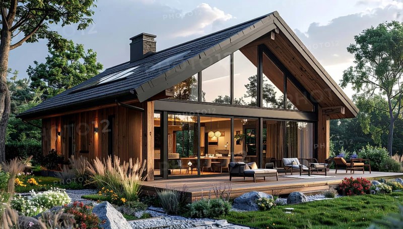 Modern Extension on a Traditional Cottage with Glass and Wood Architecture, green garden with plants and trees in the wilderness, evening soft twilight, on a clear sky, lights insight, AI generated