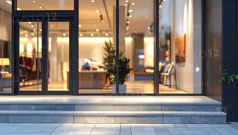 Modern building entrance with stairs, glass facade, and plants in warm evening light, empty storefront entrance with a gently stairs access, modern building with glass facade, blurred background, soft sunlight at evening, no people, AI generated