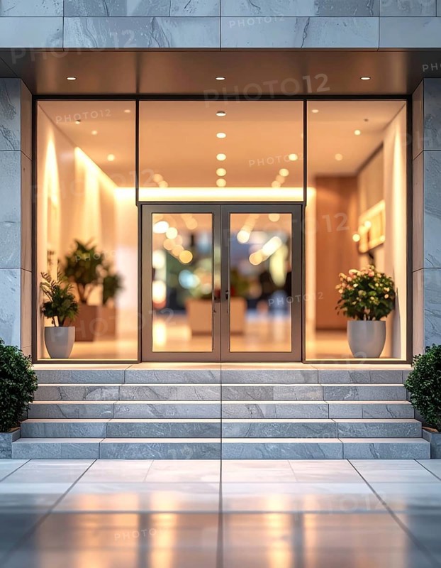 Modern building entrance with stairs, glass facade, and plants in warm evening light, empty storefront entrance with a gently stairs access, modern building with glass facade, blurred background, soft sunlight at evening, no people, AI generated