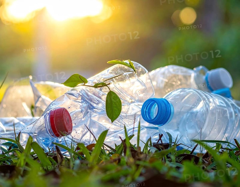 Crushed plastic water bottle waste in a wild landscape, symbol for nature protection, waste avoidance, recycling and ecology concepts on earth environment, AI generated