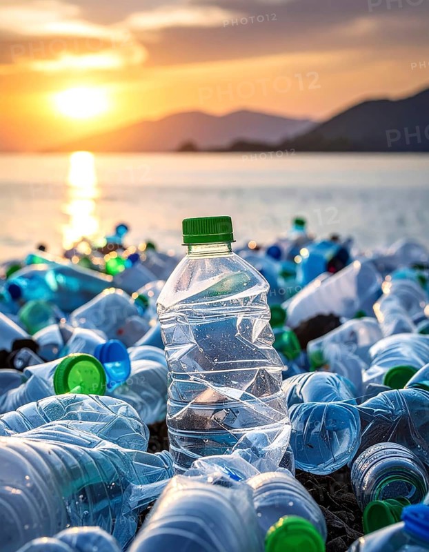 Crushed plastic water bottle waste in a wild landscape, symbol for nature protection, waste avoidance, recycling and ecology concepts on earth environment, AI generated
