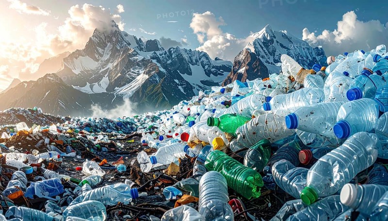 Crushed plastic water bottle waste in a wild landscape, symbol for nature protection, waste avoidance, recycling and ecology concepts on earth environment, AI generated