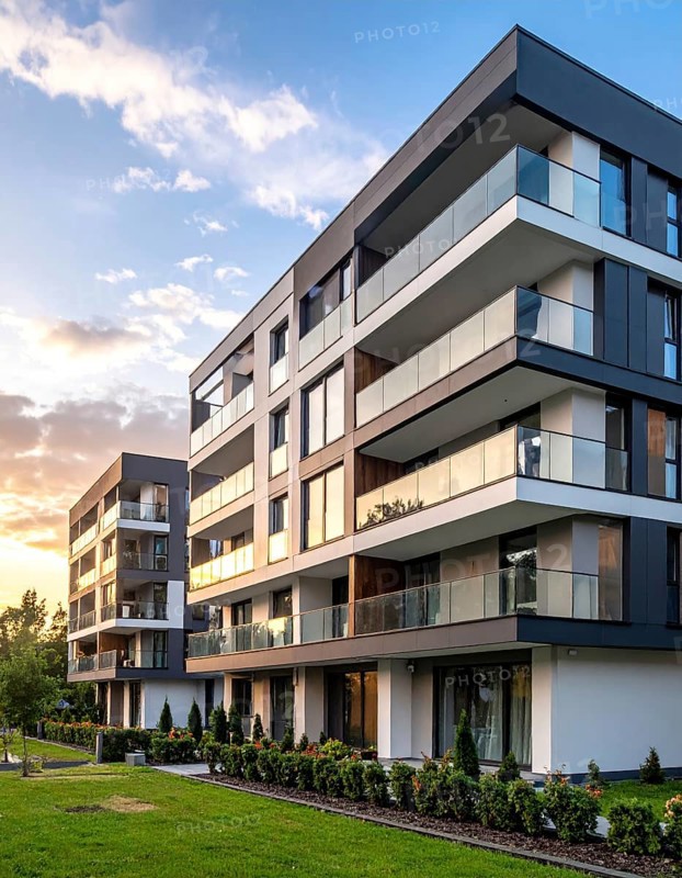 New modern block of flat, condo architecture, Residential apartment as a flat, luxury house complex, City real estate property, green garden plants in front, clear blue sky with golden evening light, AI generated