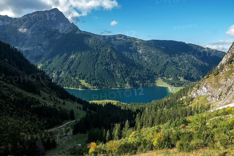 View of Vilsalpsee, Allgäu Alps, Tannheim, Tannheimer Tal, Tyrol, Austria