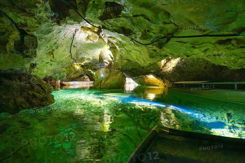 Impressive cave landscape with bluish-green water and mysterious atmosphere, Wimsener Höhle, Hayingen, Germany
