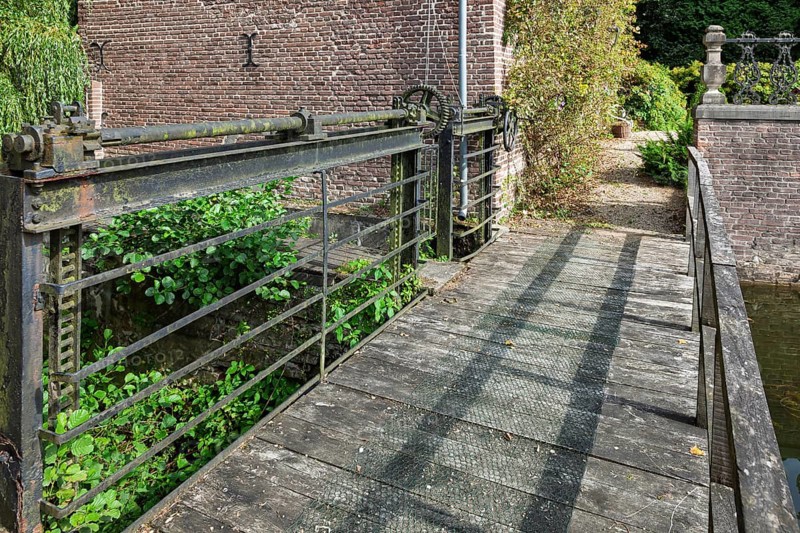 Old wooden bridge with a barrier, North Rhine-Westphalia, Germany