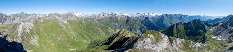 360° alpine panorama, aerial view with summit of Grossvenediger, Venediger Group and Lasörling Group, Hohe Tauern, Austria