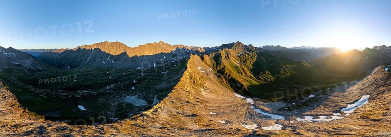 Sunrise 360° Alpine panorama, aerial view of Bachlenkenkopf, summit of the Großvenediger, Venediger Group and Lasörling Group, Hohe Tauern, Austria