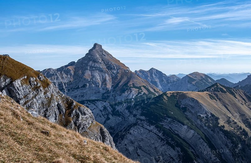 Mountain landscape with distinctive peaks under clear sky, eastern Karwendel, Tyrol, Austria