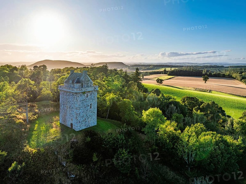 Fatlips Castle from a drone, Minto Crags, River Teviot, Roxburghshire, Scottish Borders, Scotland, UK