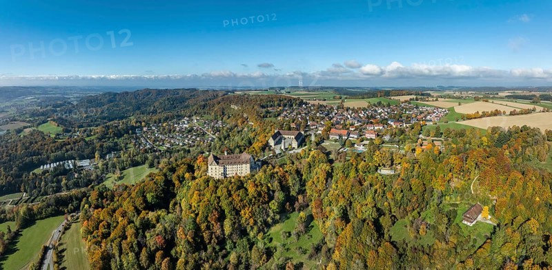 Aerial view, panorama of Heiligenberg Castle, a Renaissance-style palace complex, Tübingen administrative district, Lake Constance, Linzgau, Baden-Württemberg, Germany