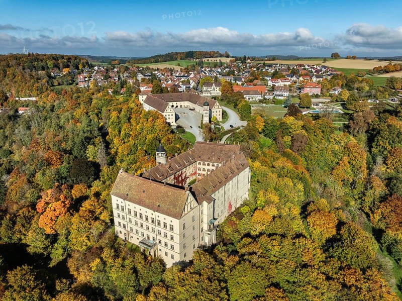 Aerial view of Heiligenberg Castle, a Renaissance-style palace complex, Tübingen administrative district, Lake Constance, Linzgau, Baden-Württemberg, Germany
