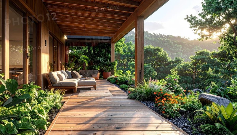 An eco-friendly porch designed for sustainable living in an environmentally-conscious home, lush greenery, landscape bathed in warm sunlight, AI generated
