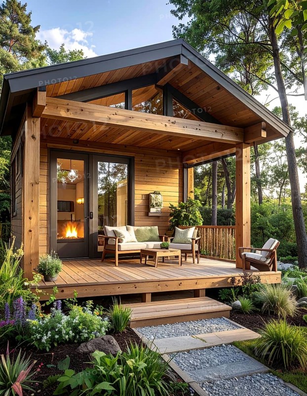An eco-friendly porch designed for sustainable living in an environmentally-conscious home, lush greenery, landscape bathed in warm sunlight, AI generated
