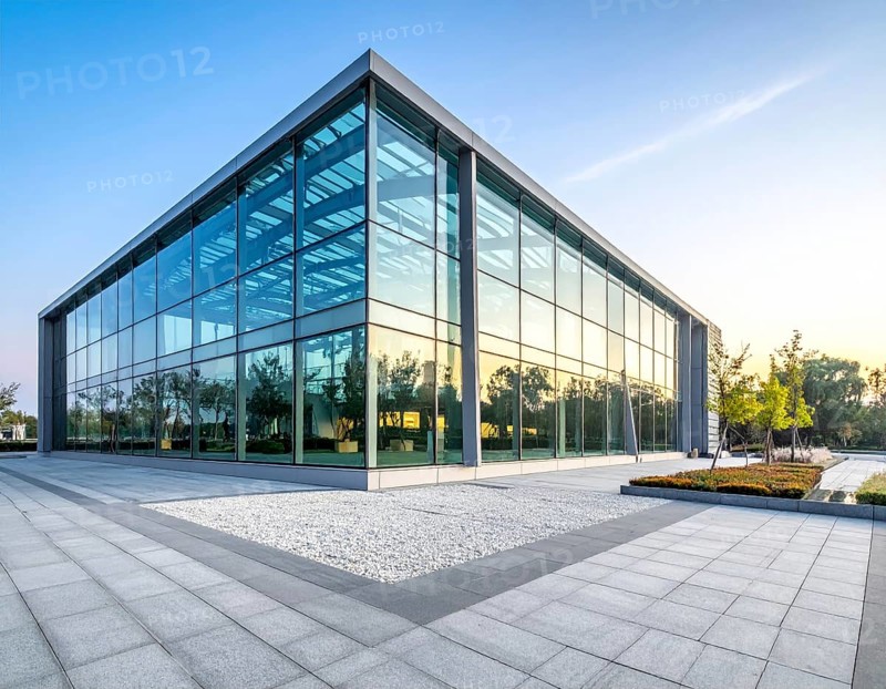 Modern architectural framework with glass and steel structure, glass facade with a greed of steel arrows, blue sky with a soft golden light of a sunrise, AI generated