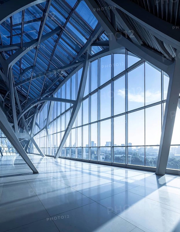Modern architectural framework with glass and steel structure, glass facade with a greed of steel arrows, blue sky with a soft golden light of a sunrise, AI generated