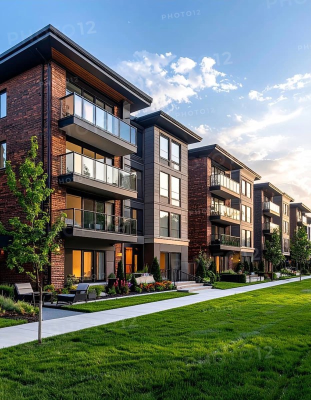 Modern apartment building with balconies and well-kept landscaping at sunset, Modern multifamily housing property with brick, siding facade features balconies, manicured lawns. Contemporary residential buildings offer urban living spaces, condominium options in scenic town, blue sky with a colorful sunrise, AI gererated, AI generated