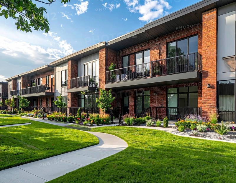Modern apartment building with balconies and well-kept landscaping at sunset, Modern multifamily housing property with brick, siding facade features balconies, manicured lawns. Contemporary residential buildings offer urban living spaces, condominium options in scenic town, blue sky with a colorful sunrise, AI gererated, AI generated