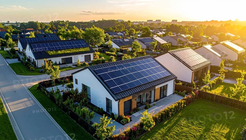 Aerial view showcases modern houses with solar panels and green roofs in a suburban setting, vibrant sunrise with blue sky, AI generated