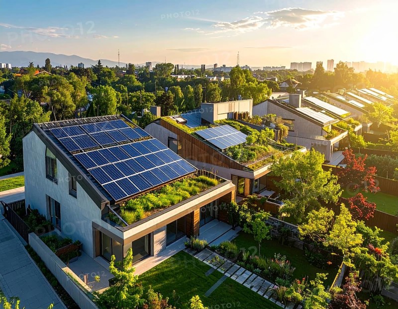 Aerial view showcases modern houses with solar panels and green roofs in a suburban setting, vibrant sunrise with blue sky, AI generated